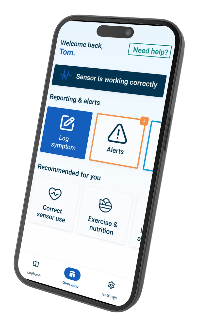 Diplora ECG app home screen, with the symptom logbook and onboarding screens behind it