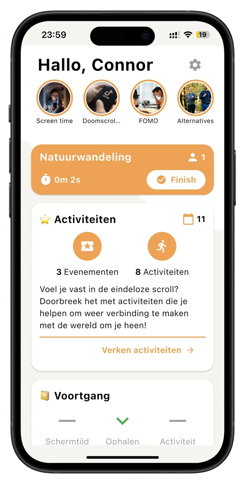 Fontys FitPhone home screen mockup with the stats and activity screens behind it