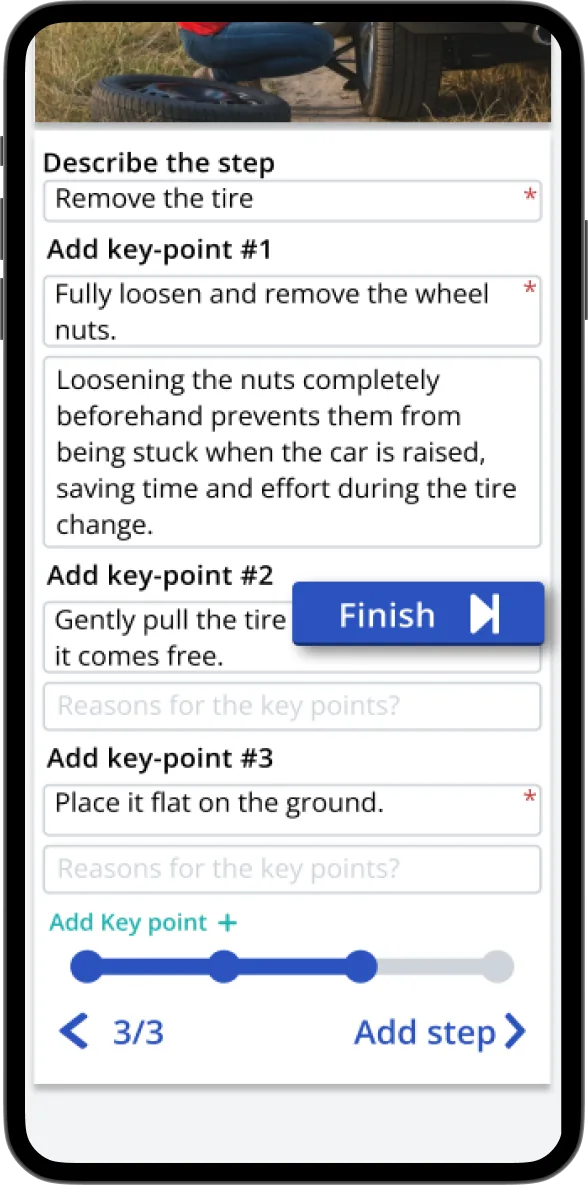 Motivate.nl instruction step editor on a phone, with the standard form screen behind it