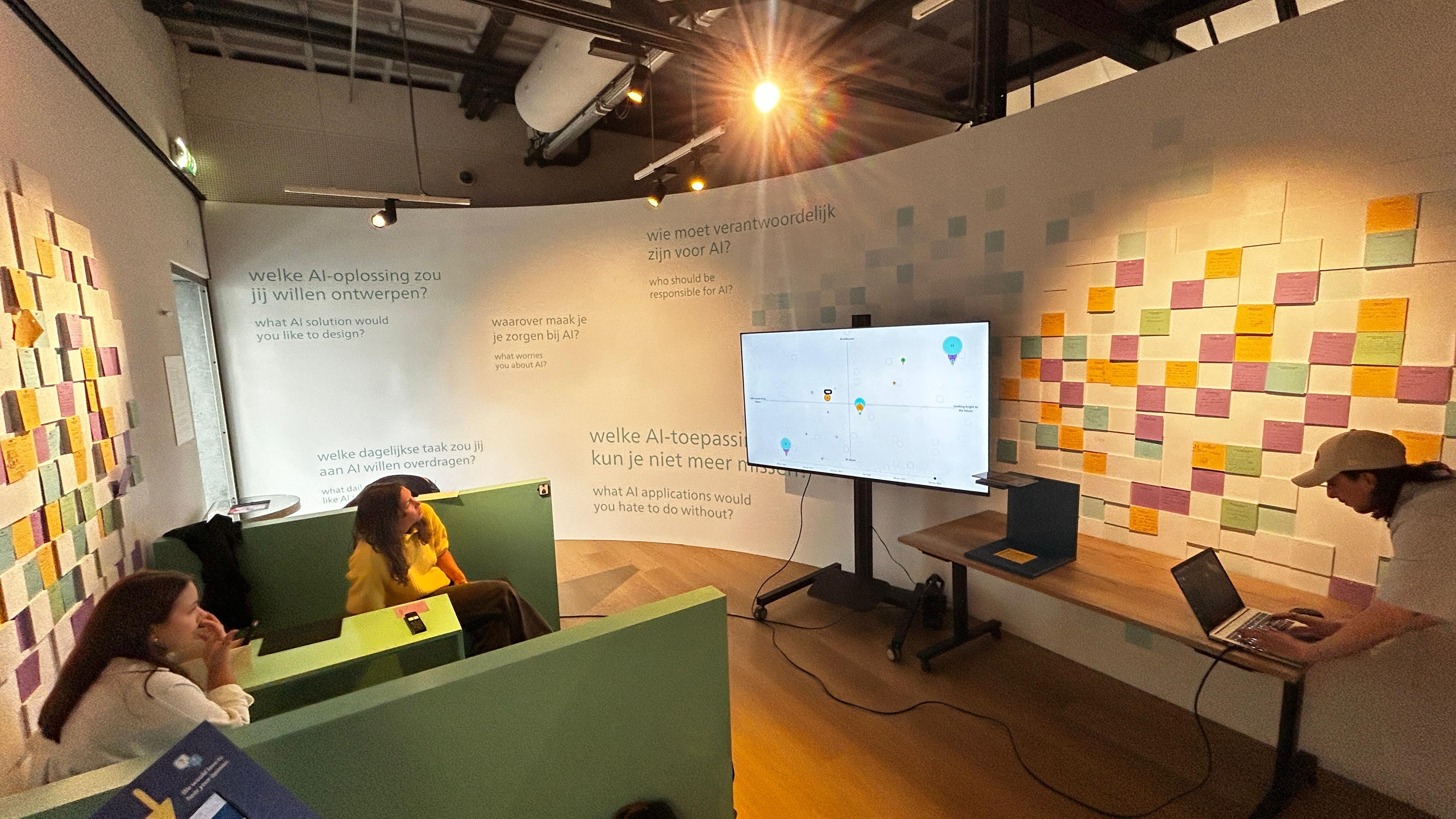 Philips Museum installation showing the physical Post-it wall and digital visualization