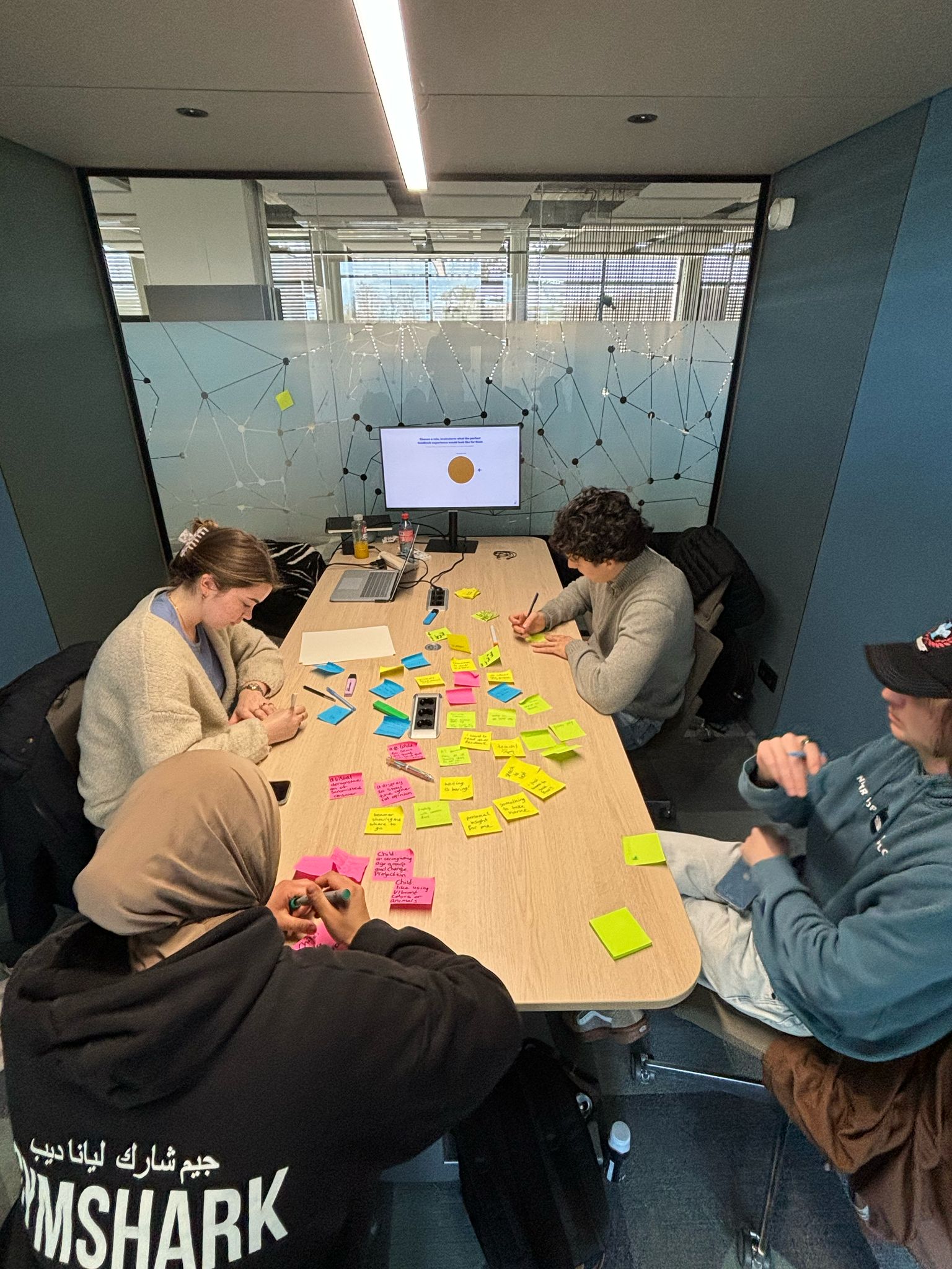 Team members brainstorming with Post-it notes